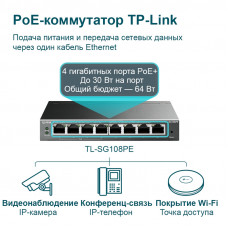 Коммутатор TP-Link TL-SG108PE 8G 4PoE+ 64W управляемый