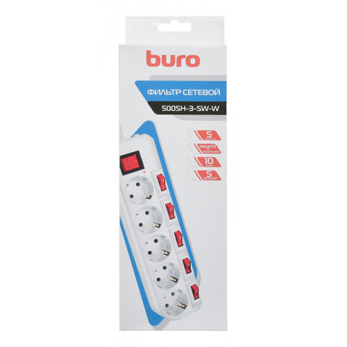 Сетевой фильтр Buro 500SH-3-SW-W 3м (5 розеток) белый (коробка)