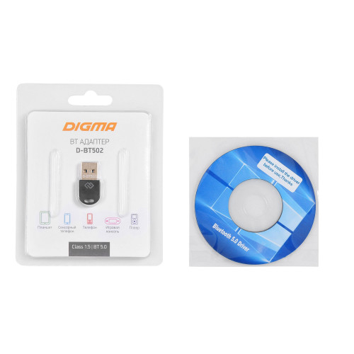 Адаптер USB Digma D-BT502 Bluetooth 5.0+EDR class 1.5 20м черный