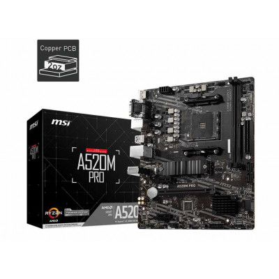 Материнская плата MSI A520M PRO Soc-AM4 AMD A520 2xDDR4 mATX AC`97 8ch(7.1) GbLAN RAID+VGA+HDMI+DP