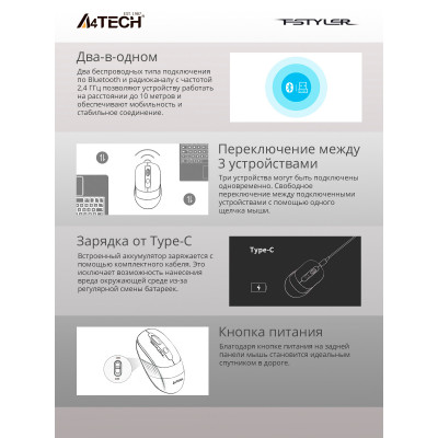 Мышь A4Tech Fstyler FB10C черный/синий оптическая 2000dpi беспров. BT/Radio USB 4but (FB10C ASH BLUE)