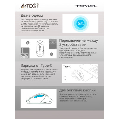 Мышь A4Tech Fstyler FB35C зеленый/черный оптическая (2400dpi) беспроводная BT/Radio USB (6but)