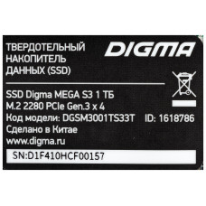 Накопитель SSD Digma PCIe 3.0 x4 1TB DGSM3001TS33T Mega S3 M.2 2280