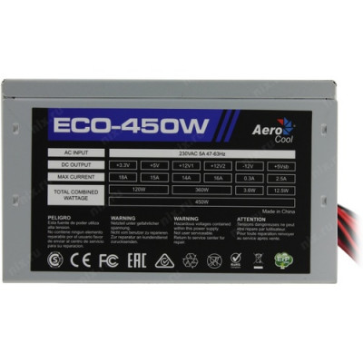 Блок питания Aerocool ATX 450W ECO-450 (20+4pin) 120mm fan 2xSATA RTL
