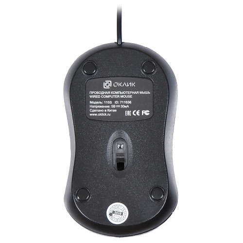 Мышь Оклик 115S черный оптическая 1200dpi USB для ноутбука 3but (711636)