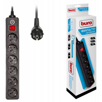 Сетевой фильтр Buro 600SH-1.8-B 1.8м (6 розеток) черный (коробка)