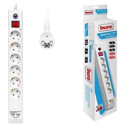 Сетевой фильтр Buro BU-SP3_USB_2A-W 3м (6 розеток) белый (коробка)