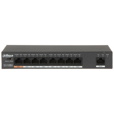 Коммутатор Dahua DH-PFS3009-8ET1GT-96 8x100Мбит/с 1x1Гбит/с 7PoE+ 1PoE++ 96W неуправляемый