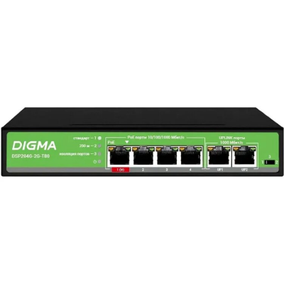 Коммутатор Digma DSP204G-2G-T80 (L2) 6x1Гбит/с 4PoE 4PoE+ 1PoE++ 80W неуправляемый Коммутатор Digma DSP204G-2G-T80 (L2) 6x1Гбит/с 4PoE 4PoE+ 1PoE++ 80W неуправляемый