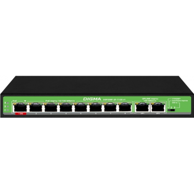 Коммутатор Digma DSP208F-2F-T120 DSP208F-2F-T120 V1 (L2) 10x100Мбит/с 8PoE 8PoE+ 120W неуправляемый