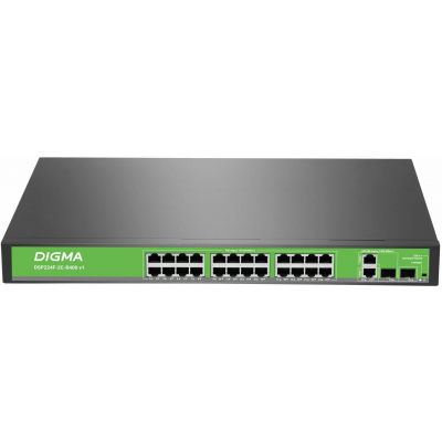 Коммутатор Digma DSP224F-2C-R400 DSP224F-2C-R400 V1 (L2) 24x100Мбит/с 2xКомбо(1000BASE-T/SFP) 24PoE 24PoE+ 400W неуправляемый Коммутатор Digma DSP224F-2C-R400 DSP224F-2C-R400 V1 (L2) 24x100Мбит/с 2xКомбо(1000BASE-T/SFP) 24PoE 24PoE+ 400W неуправляемый