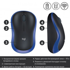 Мышь Logitech M185 черный/синий оптическая 1000dpi беспров. USB для ноутбука 2but (910-002632)