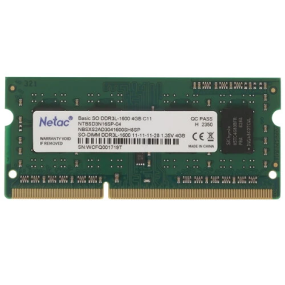 Память DDR3L 4Gb 1600MHz Netac NTBSD3N16SP-04 Basic RTL PC3-12800 CL11 SO-DIMM 204-pin 1.35В single rank Ret