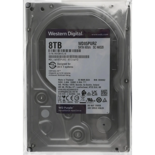 Жесткий диск WD SATA-III 8TB WD85PURZ Surveillance Purple (5640rpm) 256Mb 3.5"