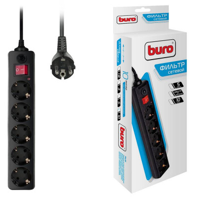 Сетевой фильтр Buro 500SH-10-B 10м (5 розеток) черный (коробка)