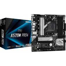 Материнская плата Asrock A520M PRO4 Soc-AM4 AMD A520 4xDDR4 mATX AC`97 8ch(7.1) GbLAN RAID+VGA+HDMI+DP