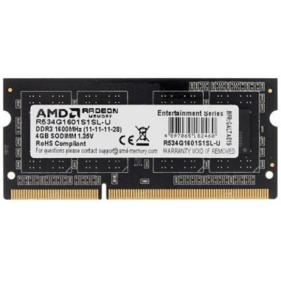 Память DDR3 4Gb 1600MHz AMD R534G1601S1SL-U RTL PC3-12800 CL11 SO-DIMM 204-pin 1.35В