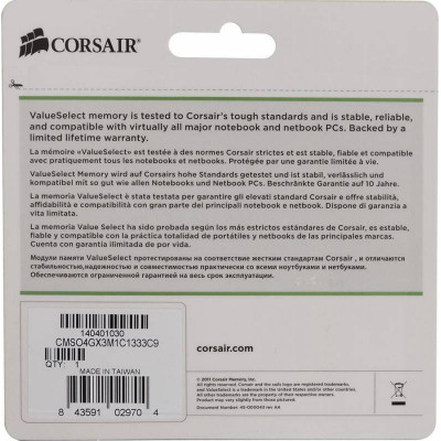 Память DDR3L 4Gb 1333MHz Corsair CMSO4GX3M1C1333C9 RTL PC3-10600 CL9 SO-DIMM 204-pin 1.35В
