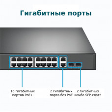Коммутатор TP-Link TL-SG1218MP (L2) 18x1Гбит/с 2xКомбо(1000BASE-T/SFP) 16PoE+ 250W неуправляемый