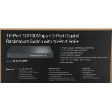Коммутатор TP-Link TL-SL1218MP (L2) 16x100Мбит/с 2x1Гбит/с 2xКомбо(1000BASE-T/SFP) 16PoE+ 192W неуправляемый