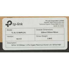 Коммутатор TP-Link TL-SL1218MP (L2) 16x100Мбит/с 2x1Гбит/с 2xКомбо(1000BASE-T/SFP) 16PoE+ 192W неуправляемый