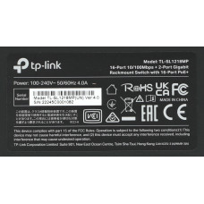 Коммутатор TP-Link TL-SL1218MP (L2) 16x100Мбит/с 2x1Гбит/с 2xКомбо(1000BASE-T/SFP) 16PoE+ 192W неуправляемый