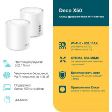Бесшовный Mesh роутер TP-Link Deco X50(2-Pack) AX3000 10/100/1000BASE-TX белый (упак.:2шт)