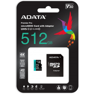 Флеш карта microSDHC 512Gb Class10 A-Data AUSDX512GUI3V30SA2-RA1 Premier Pro + adapter