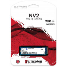 Твердотельный накопитель Kingston SSD NV2, 250GB, M.2(22x80mm), NVMe, PCIe 4.0 x4, 3D TLC, R/W 3000/1300MB/s, TBW 80, DWPD 0.3 (3 года)