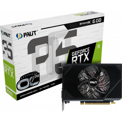 Видеокарта Palit PCI-E 4.0 RTX3050 STORMX OC NVIDIA GeForce RTX 3050 6Gb 96bit GDDR6 1042/14000 DVIx1 HDMIx1 DPx1 HDCP Ret