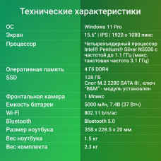 Ноутбук Digma EVE P5416 Pentium Silver N5030 4Gb SSD128Gb Intel UHD Graphics 605 15.6" IPS FHD (1920x1080) Windows 11 Professional silver WiFi BT Cam 5000mAh (DN15N5-4BXW01)